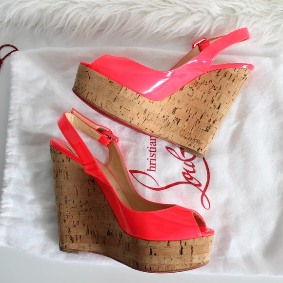 Christian Louboutin Une Plume Hot Pink Neon Patent Leather Cork Sandal Wedges - Picture 11 of 14